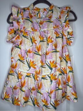 THML Floral Ruffle Sleeve Tunic in White, Yellow & Purple